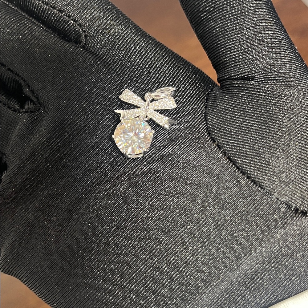 Bow Pendant Charm with Large Round CZ Stone - Silver Tone